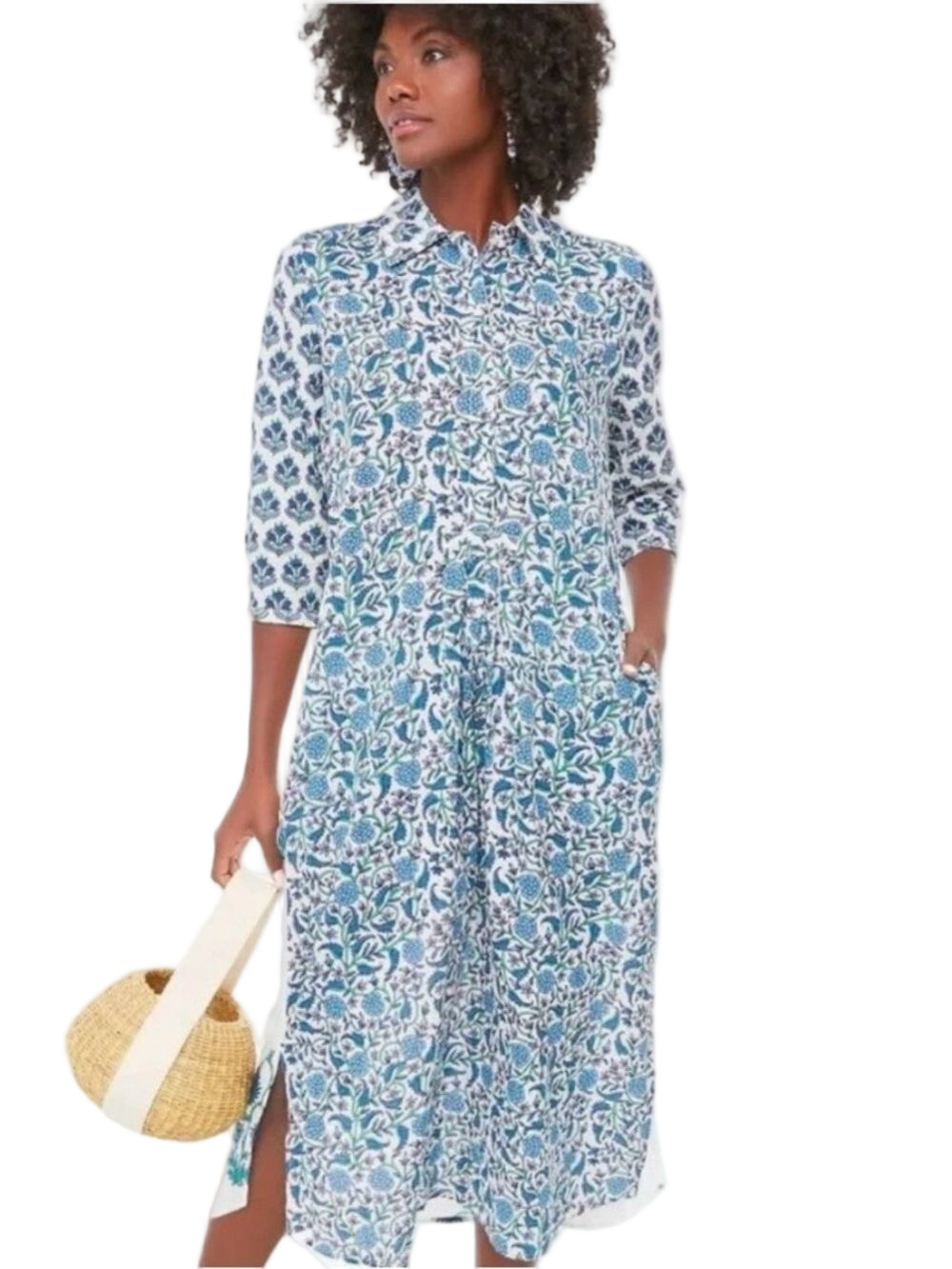 Ro's Garden Blue Floral Cotton Maxi Dress / Caftan Small